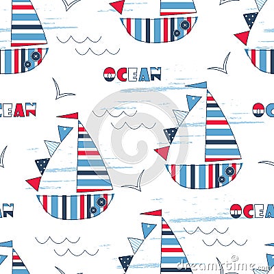 Vector seamless pattern with cute sailing ships Vector Illustration