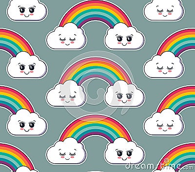 Vector seamless pattern with cute smiling rainbow and cloud faces. Vector Illustration