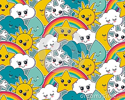 Vector seamless pattern with cute smiling sun, moon, star, rainbow, cloud, snowflake, rain drop faces Vector Illustration