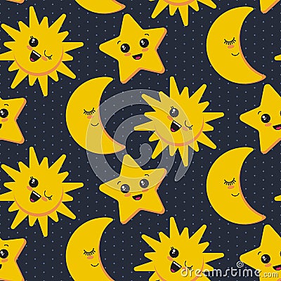 Vector seamless pattern with cute smiling sun, moon, star. Vector Illustration