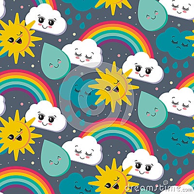 Vector seamless pattern with cute smiling sun, rainbow, cloud Vector Illustration