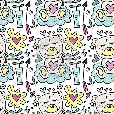 Vector seamless pattern with cute Teddy bears hearts and flowers. Vector Illustration