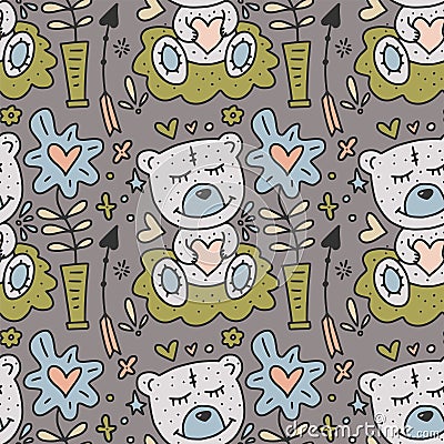 Vector seamless pattern with cute Teddy bears hearts and flowers. Vector Illustration