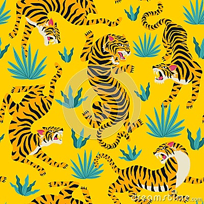 Vector seamless pattern with cute tigers on background. Circus animal show. Fashionable fabric design. Vector Illustration