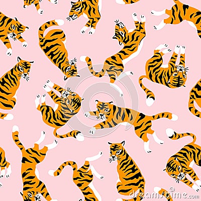 Vector seamless pattern with cute tigers on the pink background. Circus animal show. Fabric design. Vector Illustration