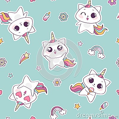 Vector seamless pattern with cute unicorn cat or caticorn Vector Illustration