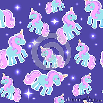 Vector seamless pattern with cute unicorns in the night sky. Magic goodnight endless texture Vector Illustration