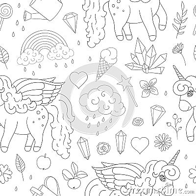 Vector seamless pattern of cute unicorns, rainbow, clouds, crystals, hearts, flowers outlines. Vector Illustration