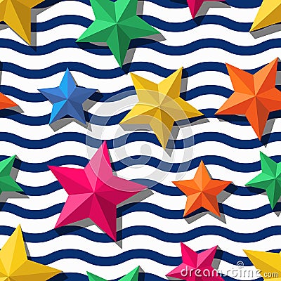 Vector seamless pattern with 3d stylized stars and and blue wavy stripes. Vector Illustration