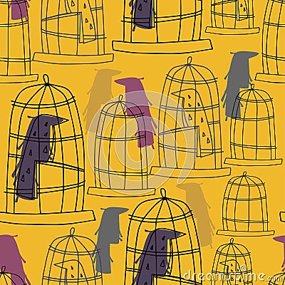 Vector seamless pattern in dark with lined colorful ornamental birds in cages Vector Illustration