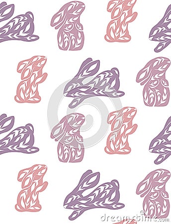 Vector seamless pattern with decorated rabbits in white background. Nursery texture with folk art hares in pastel colors. Childish Vector Illustration