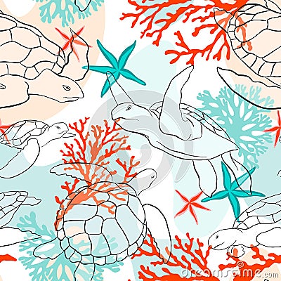 Vector seamless pattern with decorative ocean turtles. Colorful seamless pattern with animals, plants. Decorative cute wallpaper, Vector Illustration