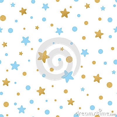 Vector seamless pattern decoreted gold blue stars for Christmas backgound, birthday baby shower textile Vector Illustration