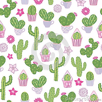 Vector seamless pattern with a desert prickly pear cactus and other cacti. Vector Illustration