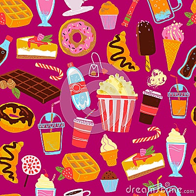Vector seamless pattern with dessert, drink, snack illustration: donut, popcorn, coffee, croissant, cupcake isolated on pink backg Vector Illustration