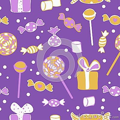 Vector seamless pattern of different candies, lollipops and gift boxes in bright colors on a vivid purple background. Vector Illustration