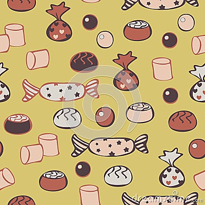 Vector seamless pattern of different candies in a warm colors on a light chocolate background. Vector Illustration