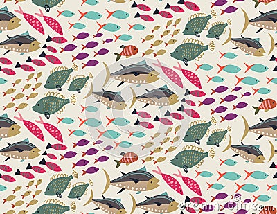 Vector seamless pattern with different colorful exotic fish. Vector Illustration