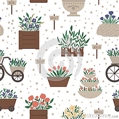 Vector seamless pattern with different flower beds Vector Illustration