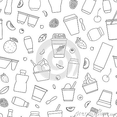 Vector seamless pattern of different kinds of yoghurt with fruit and berry Vector Illustration