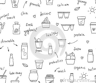 Vector seamless pattern of different kinds of yoghurt. Hand drawn repeating background of organic fresh dairy products with text. Vector Illustration