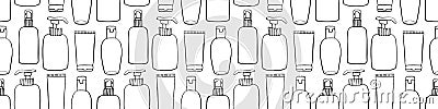 Vector seamless pattern of different outline bottles, tubes, flacons, cosmetic products in doodle style Vector Illustration