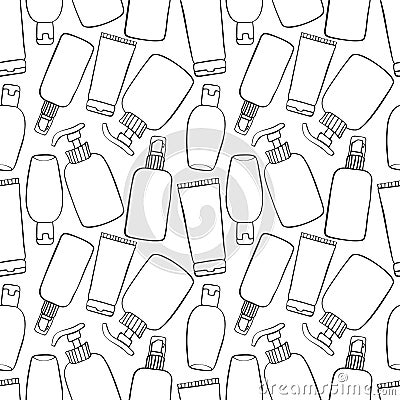 Vector seamless pattern of different outline bottles, tubes, flacons, cosmetic products in doodle style Vector Illustration