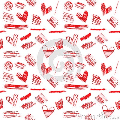 Seamless pattern with doodle love symbols, hatched spots, hearts. White Background Stock Photo
