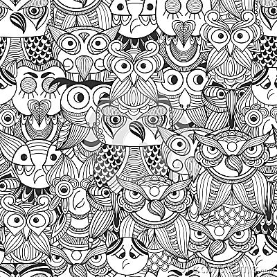 Vector Seamless Pattern with Doodle owls Vector Illustration