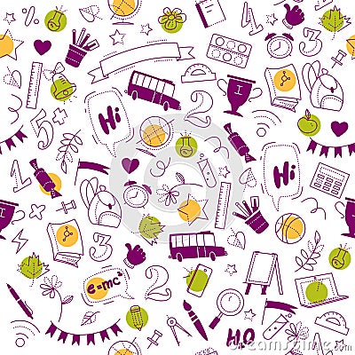 Vector seamless pattern with doodle school supplies on white background. Vector Illustration