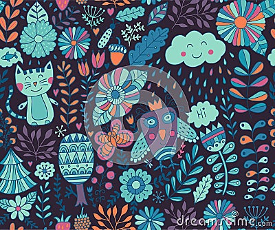 Vector seamless pattern, doodling design. Hand draw flowers and leafs. Kids illustration, cute background. Color doodle background Vector Illustration