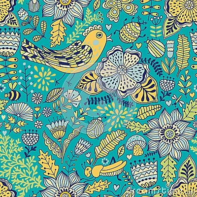 Vector seamless pattern, doodling design. Hand draw flowers and leafs. Kids illustration, cute background. Color doodle background Vector Illustration