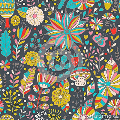 Vector seamless pattern, doodling floral design. Hand draw trees and leafs over the city. Season of the rain, illustration, cute Vector Illustration