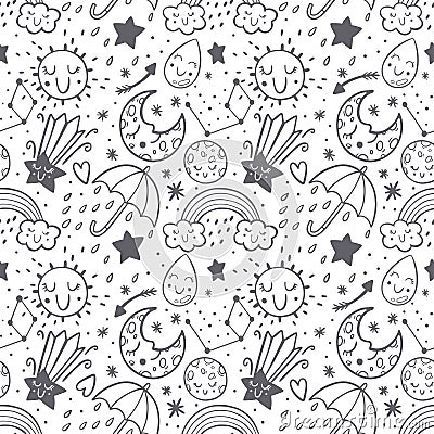 Vector seamless pattern dooodle sketch kids set. Hand dreawn style. Baby wreath cloud,moon,sun,rainbow,cloud Cartoon Illustration