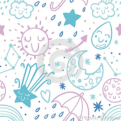 Vector seamless pattern dooodle sketch kids set. Hand dreawn style. Baby wreath cloud,moon,sun,rainbow,cloud Cartoon Illustration