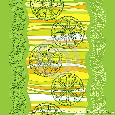 Vector seamless pattern with dotted green lemon slice on the colorful striped background. Fruit elements in dotwork style. Vector Illustration