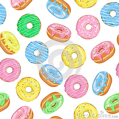 Vector seamless pattern of Doughnuts with blue, pink, green, yellow glaze and sugar icing on white Vector Illustration