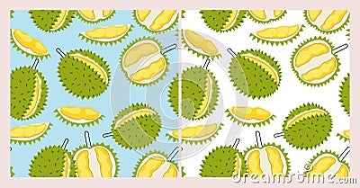 Vector seamless pattern of durian fruit. Tropical fruit on a blue and white background. Bright green exotic fruits. Vector Illustration