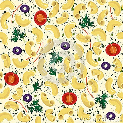 Vector seamless pattern elbow pasta with tomatoes, parsley, olives, carrots. 3d illustration. Vector Illustration