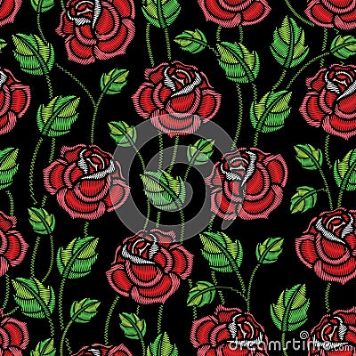 Vector seamless pattern with embroidery red Rose flower and green leaves on the black background. Floral pattern with ornate roses Vector Illustration
