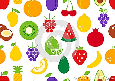 Vector seamless pattern, endless texture with fruits. Set of isolated flat color icons. Healthy food and vitamins Vector Illustration