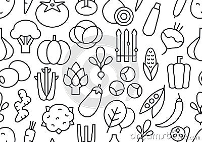 Vector seamless pattern, endless texture with vegetables. Set of isolated linear icons. Contour, shape, outline. Healthy Vector Illustration