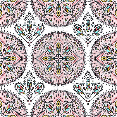 Vector seamless pattern with ethnic arrows, feathers and tribal ornaments. Boho and hippie background. American indian mot Vector Illustration