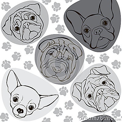 Vector seamless pattern with faces dogs and traces. Monochrome b Stock Photo