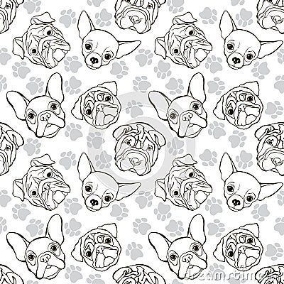 Vector seamless pattern with faces dogs and traces. Monochrome b Stock Photo