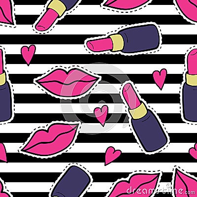 Vector seamless pattern with fashion patch badges with lips, lipsticks, hearts and stripes. Vector Illustration