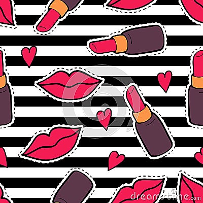 Vector seamless pattern with fashion patch badges with lips, lipsticks, hearts and stripes. Vector Illustration