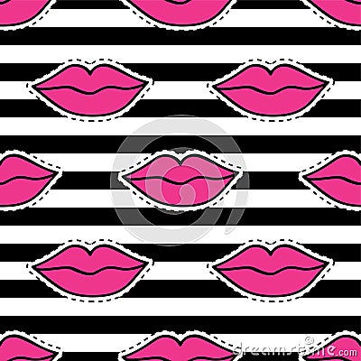 Vector seamless pattern with fashion patch badges with lips and stripes Vector Illustration