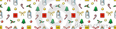 Vector seamless pattern of festive symbols - figures of Christmas trees, singing angels, holly berries, candy canes Vector Illustration