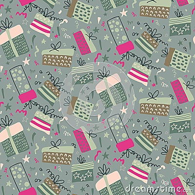 Vector seamless pattern with fireworks, confetti, gift boxes. Vector Illustration